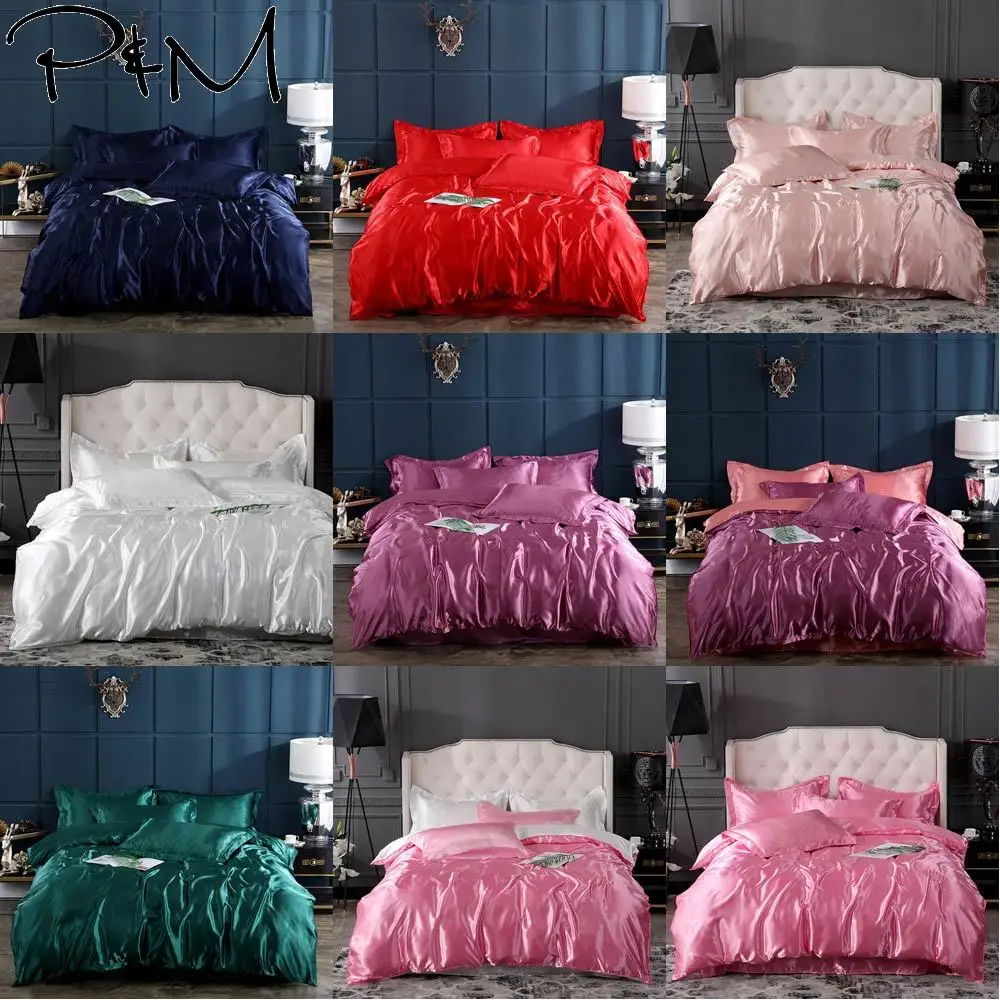 

2019 PAPA&MIMA Multicolor Solid Bedlinens Satin Silk Feeling Microfiber Bedding Set 3/4pcs Twin Queen King Duvet Cover Set