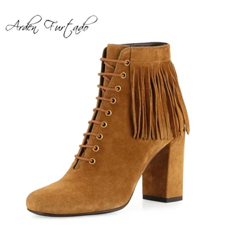 

spring 2019 new season hot style women's shoes lace up chunky heels fashion elegant brown short boots party shoes fringed suede