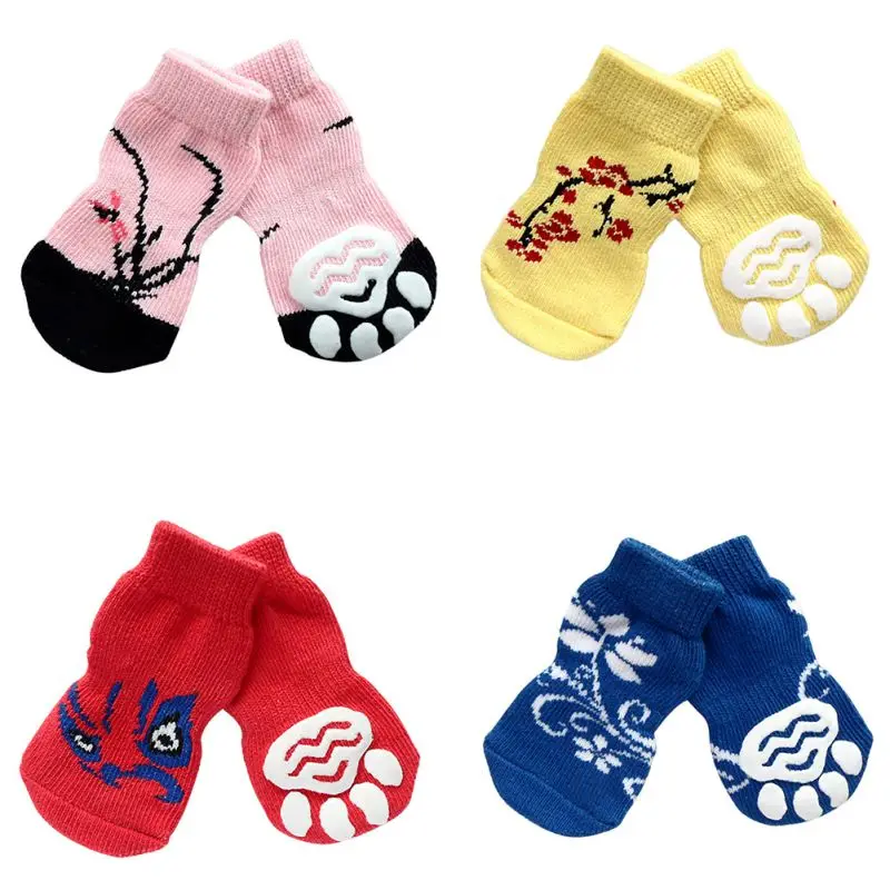 

4 Pcs Pet Dogs Soft Cotton Socks Anti-Slip Rubber Stripes Boots Apparels AA