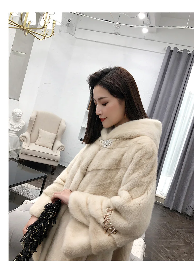 New Winter Mink Coat Female Mink Mid-long Hat Imported Mink Fur Haining Coat