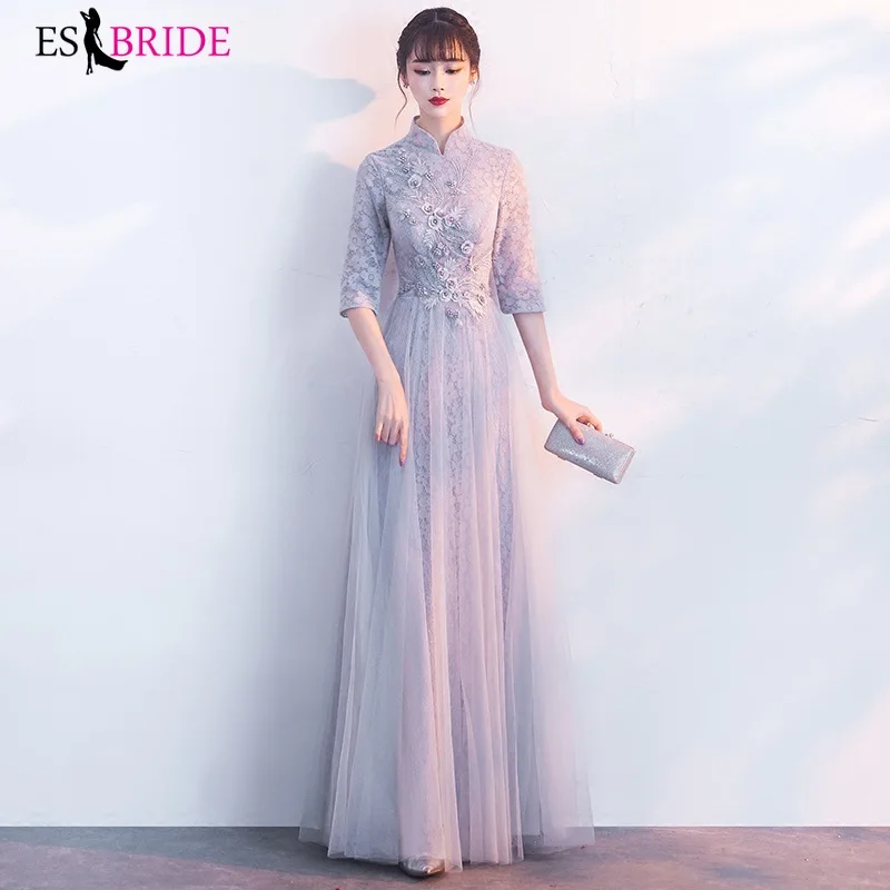 

Chiffon Evening Dresses 2019 New arrival Lace Edge V-Neck Special Occasion Formal Party Gown Grey Long Vestido Longo ES1210
