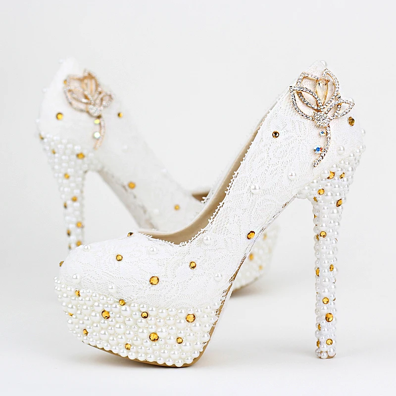 Customized White Lace Wedding Party Shoes Genuine Leather Women Platforms with Rhinestone 5 Inches Heel Graceful Bridal Shoes