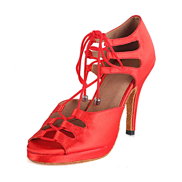 Women's Latin Dance Shoes Salsa Party Dance Shoes Satin Waterproof Platform Red Black Bronze Heel 10cm Dance Shoes