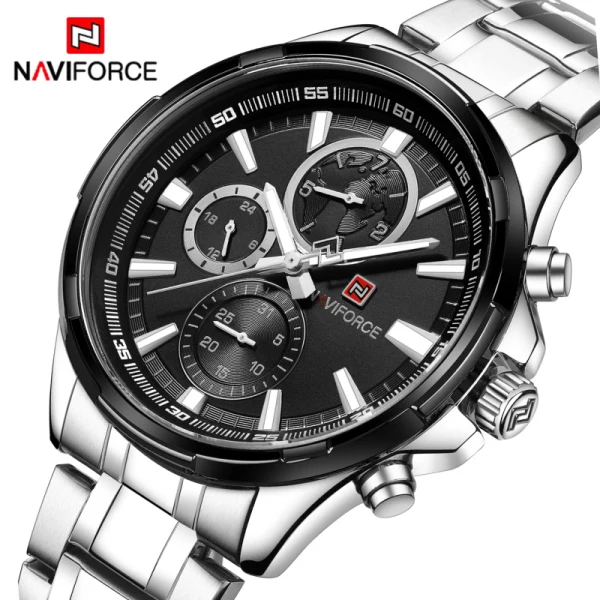 Топ бренд класса люкс Naviforce модные мужские часы кварцевые часы мужские спортивные полностью стальные часы мужские светящиеся часы с датой Relogio Masculino - Цвет: Silver Black