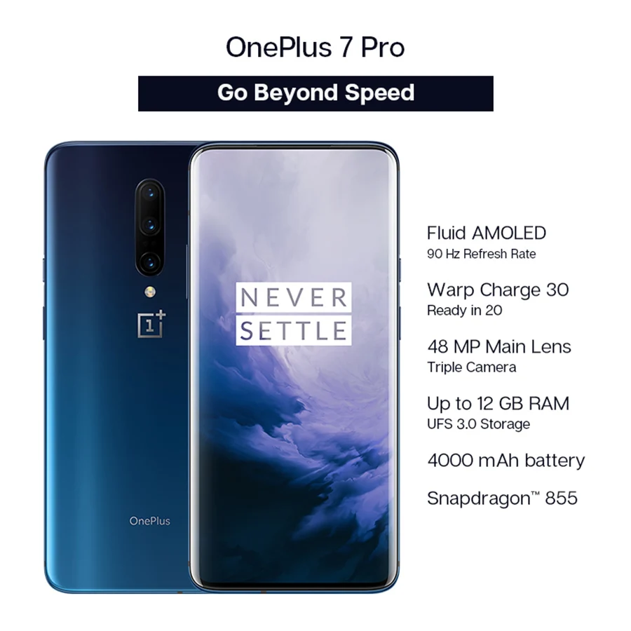 Смартфон Oneplus 7 Pro 6 67 дюйма 90 ГГц 12 Гб ОЗУ 256 ПЗУ Snapdragon 855 камера 48 МП с 3 кратным