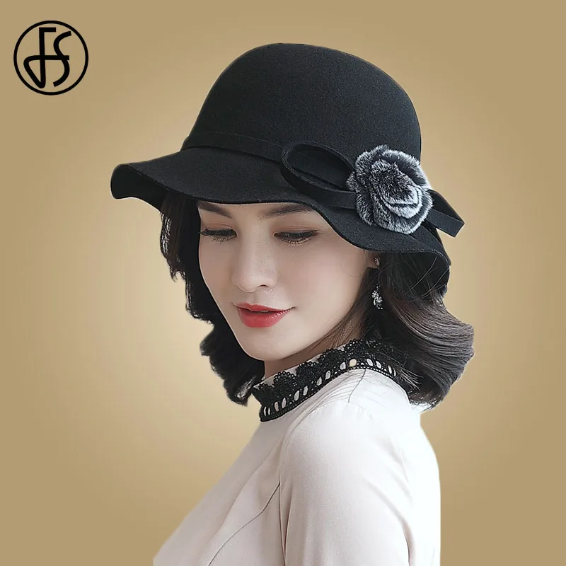 FS Black Church Hats Women Elegant Winter Wool Wide Brim Fedoras Flower