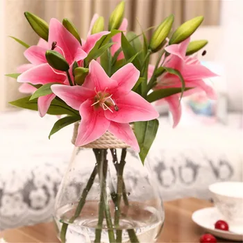 

Brand 3 Heads Artificial Real Touch Lily Flowers Latex Flowers Wedding Bridal Bouquets Home Decoration