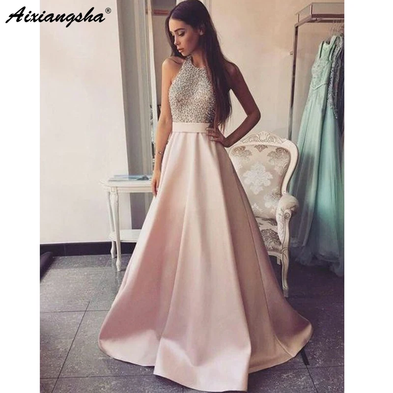 

Pink 2019 Prom Dresses A-Line Beaded Crystal Satin Backless Plus Size Long Elegant Prom Gown Evening Dresses Robe De Soiree