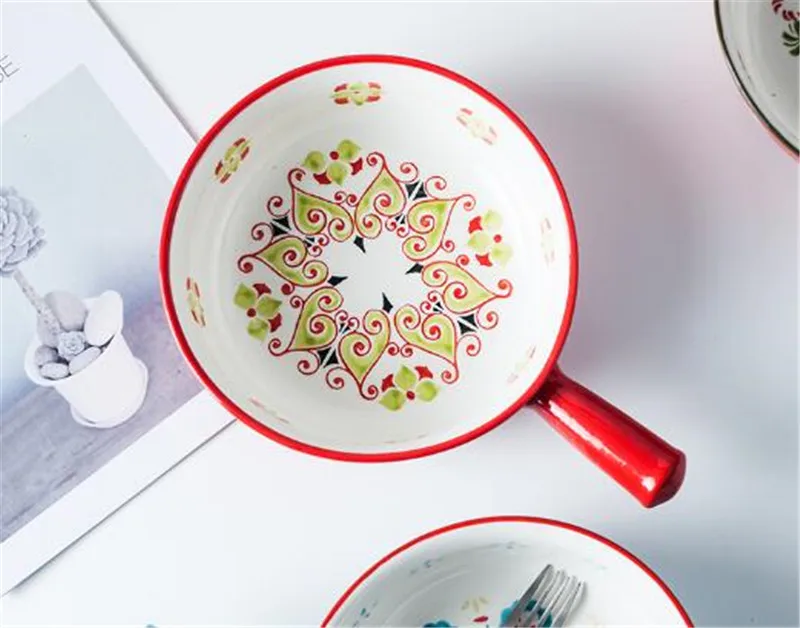 KINGLANG керамическая креативная вишневая 8 дюймовая рисовая чаша с ручкой ризотто с керамической чашей для выпечки креативная рисовая суповая чаша для завтрака