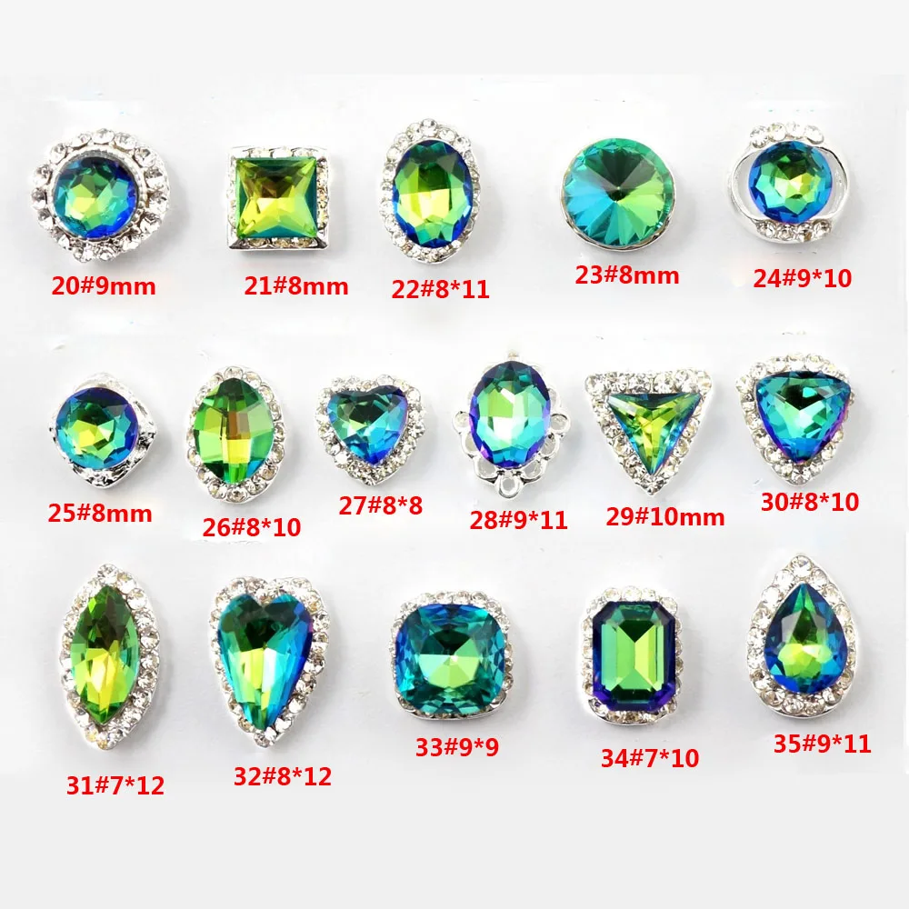 

Factory Wholesales 10pcs K9 Blue Green Big Crystal Nail Art Rhinestones Cristal Stones Nails Metal Nail Nail Art Decorations