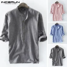 INCERUN, мужская рубашка, полосатая, хлопок, дышащая, 3/4 рукав,, воротник-стойка, уличная одежда, брендовые рубашки, мужская рубашка Харадзюку, Masculina