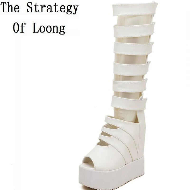 

Wedges High Heels Peep Toe Knee High Gladiator Sandals 2017 New Open The Toe Cut Out Women Summer Long Boots SXQ0604