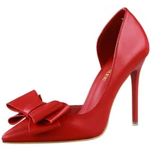 2016 Leather D’Orsay Heels Party Shoes Bowtie Sexy Thin High Heel Pumps Top Quality Weeding Shoes Red Pointed Shoes Women Pumps