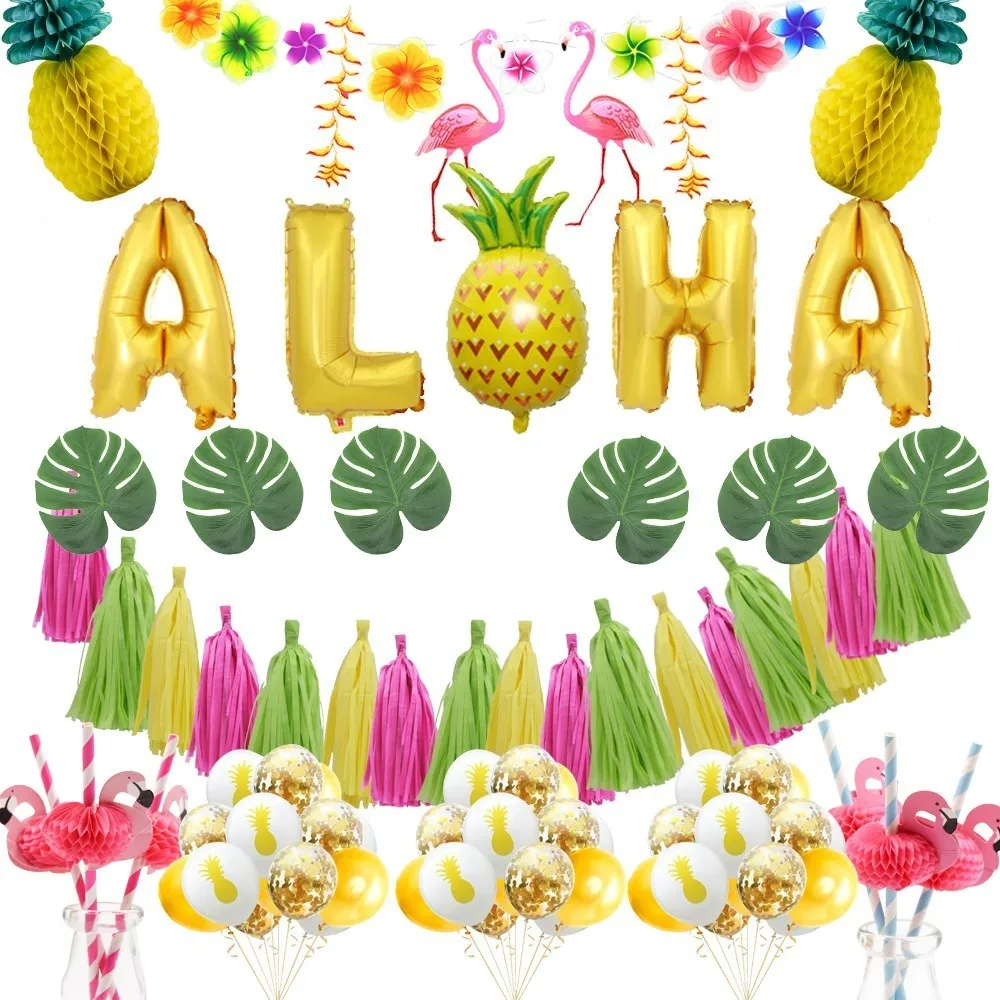 

1Set Flamingo Aloha Tropical Party anners /Turtle Leaf / Fruits Balloon For Birthday Wedding Decoration Hawaiian Party Supplies