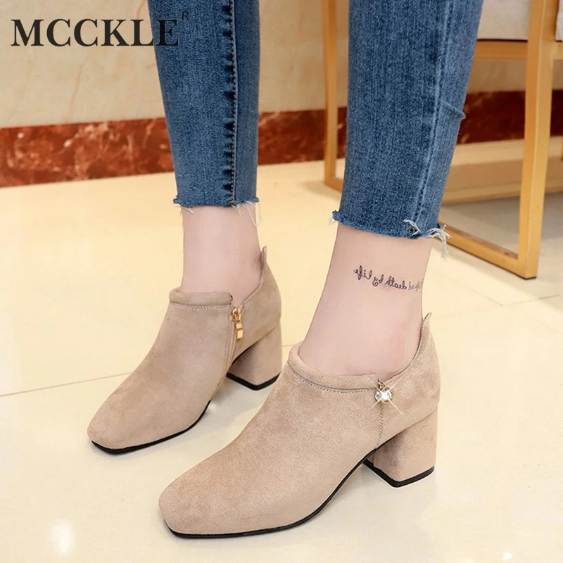 

MCCKLE Ankle Boots For Women Fashion Crystal Casual Shoes Female Flock Mid Square Heels Footwear Ladies Elegant Zipper Flats Hot