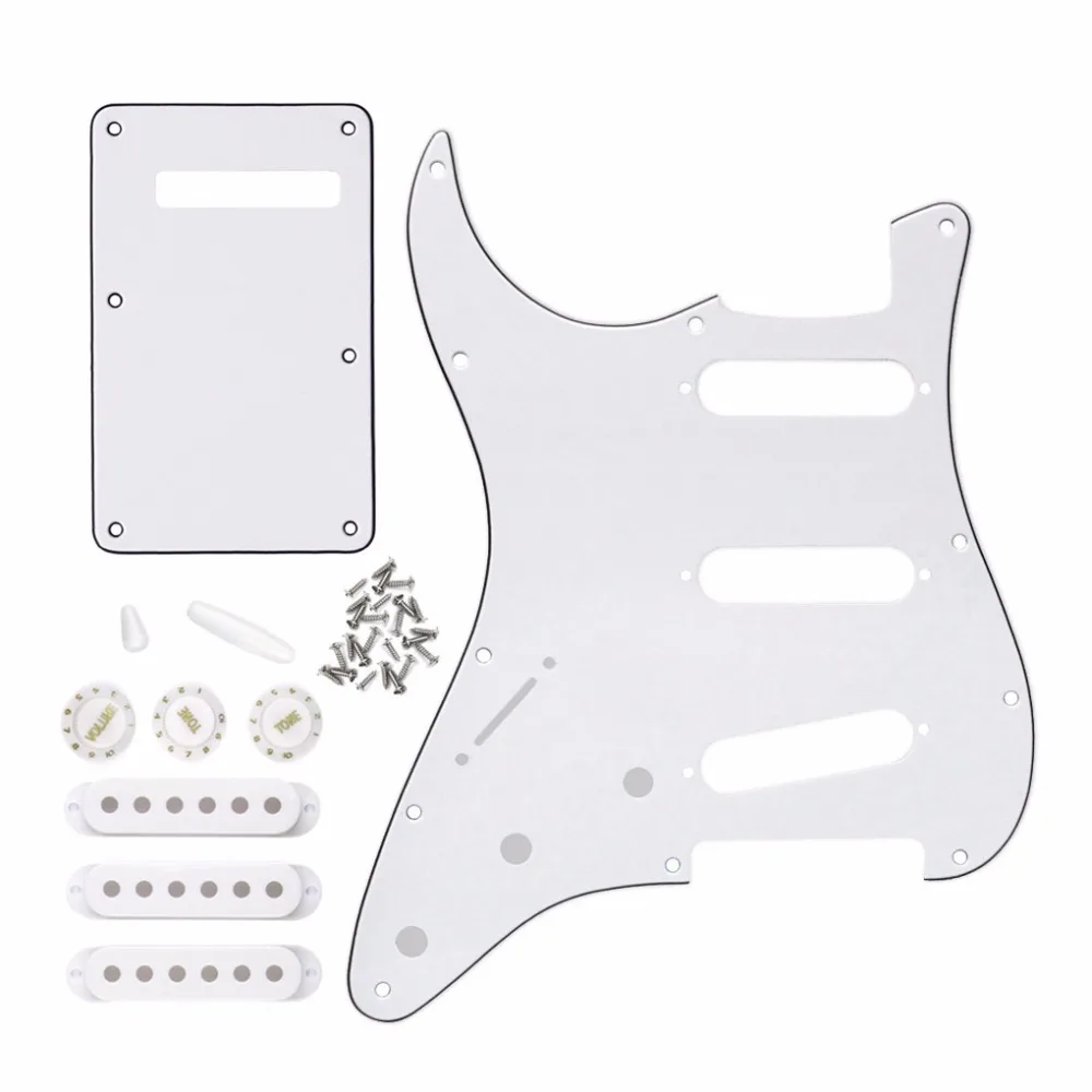 

Set of White Left Handed Pickguard SSS Strat 11 Hole Guitar Scratch Plate Back Plate Pickup Covers 2T1V Knobs Switch Tips