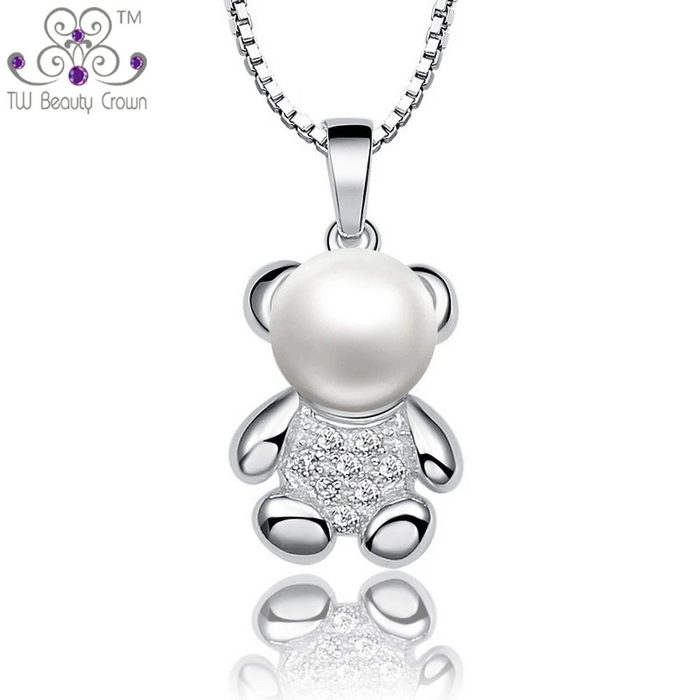Real 925 Sterling Silver Jewelry Cute White Natural Freshwater Pearl Teddy Bear Pendant