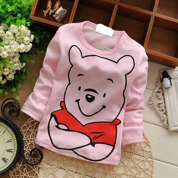Baby Toddler Kids Cotton Lovely Character Print Boys Girls T-shirt Button on Shoulder O-neck Pink Tops G043