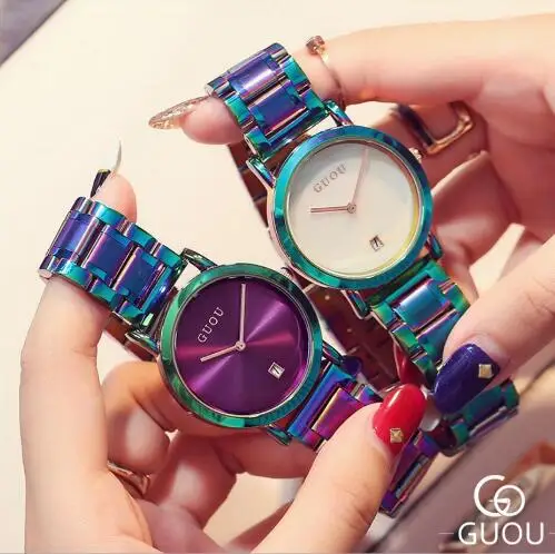 GUOU Watch Women Fashion Colorful Stainless Steel Ladies Watch Luxury Exquisite Women's Watches reloj mujer relogio feminino