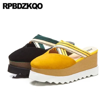 

11 Slippers Big Size Mules Slides High Heels Pumps Platform Wedge Sandals Summer Shoes Strap Women Yellow Closed Toe Flatform