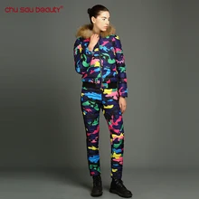 ChuSaubeauty winter clothing for women Winter Jacket 2017 New Spring Autumn Size Floral Printed Slim Casual Parka Coat + Pants