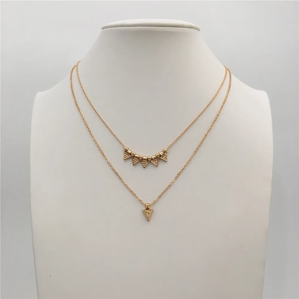 

GIRLY GOLD COLOR PLATING HAMMERED TRIANGLE CHARM LAYERED NECKLACE FOR WOMEN GIRL