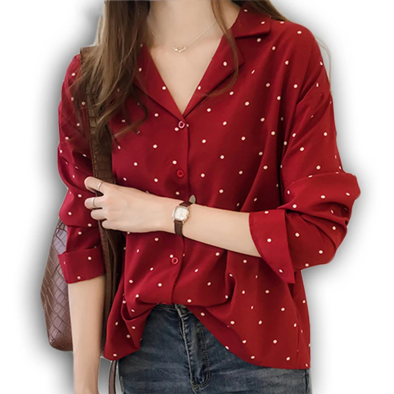 

2019 Fashion Women Blouse Shirt Plus Size Turn-down Collar Women's Shirts Long Sleeve Dot Slim Elegant Office Feminine Blouses