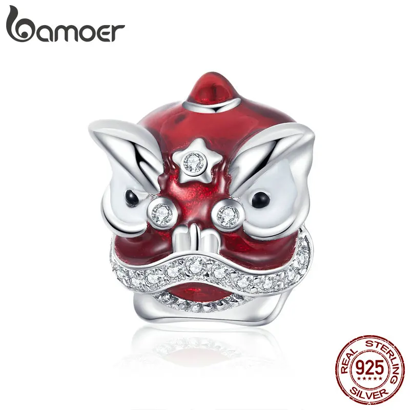 

bamoer Chinese Lion Enamel Metal Beads for Weomen Jewelry Making 925 Sterling Silver Charm for Original Snake Bracelet BSC086
