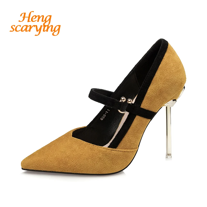 

2019 Women Sexy Mary Jane Pumps Pointed Toe Metal Heels Female 10cm High Heels Wedding Lady Tacons Scarpins Lolita Yellow Shoes