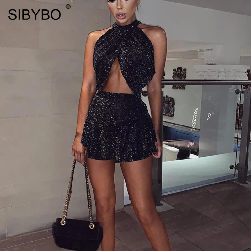 Женский комплект из двух предметов Sibybo черный облегающий топ и юбка с высокой