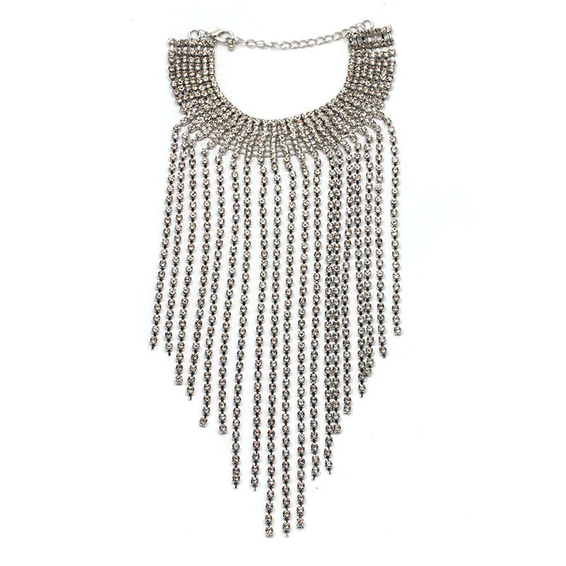 2017 Free Shipping fashion long crystal tassel necklace Europe costume chunky choker statement Necklaces jewelry women NHJJ1944