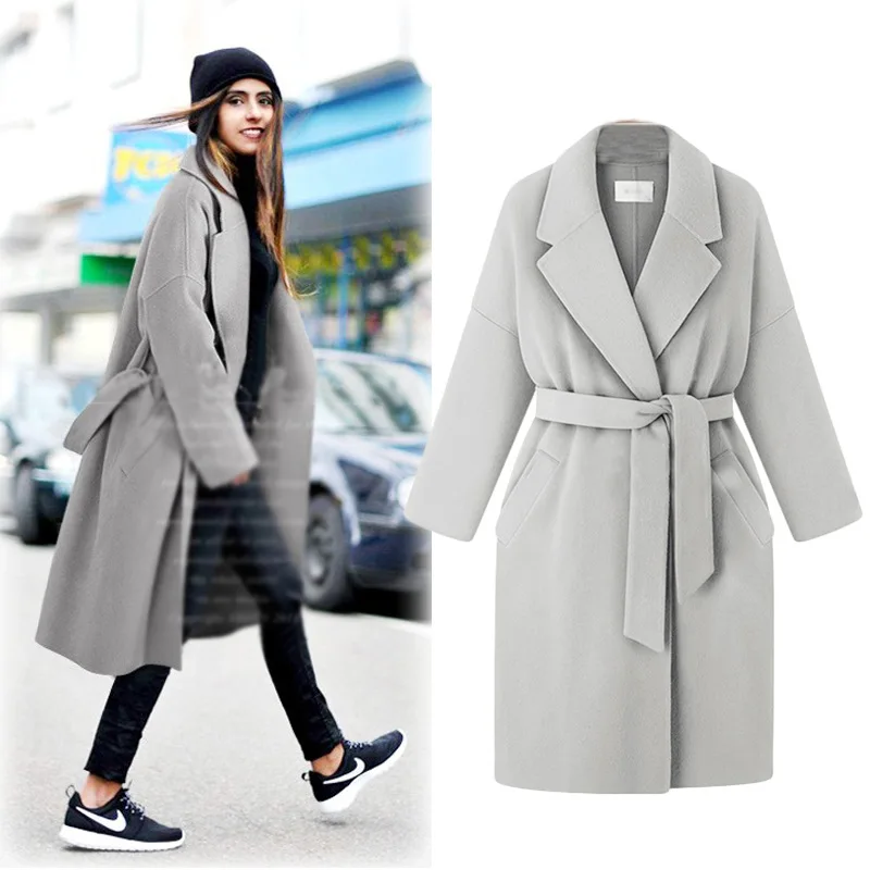 

Plus Size Casual Women Woolen Coat 2019 Autumn Winter Fashion Loose With Belt Elegant Jackets Female Outerwear Long Wool Coats