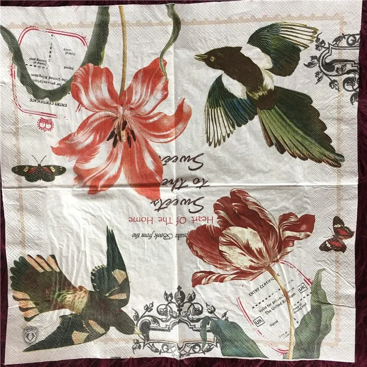 

20 vintage Napkins paper tissue flower Tulip Magpie handkerchief decoupage wedding christmas birthday party decor serviettes