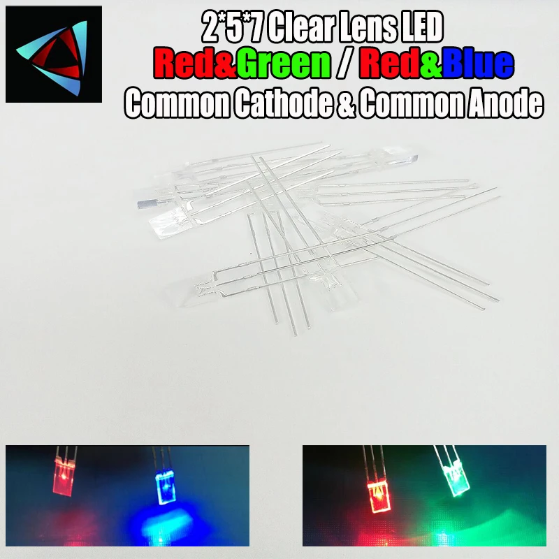 

50pcs 2*5*7 Square led Diode Dual Color Red And Green Blue Clear Lens Common Cathode & Common Anode Round Bi-Color DIY Light
