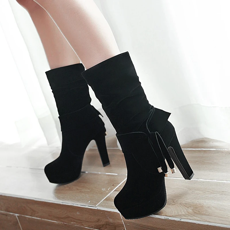 

KARINLUNA 2018 Large Size 33-43 Platform winter Woman Shoes Fashion Spike High Heels mid-calf Boots Women Black red boots shoes