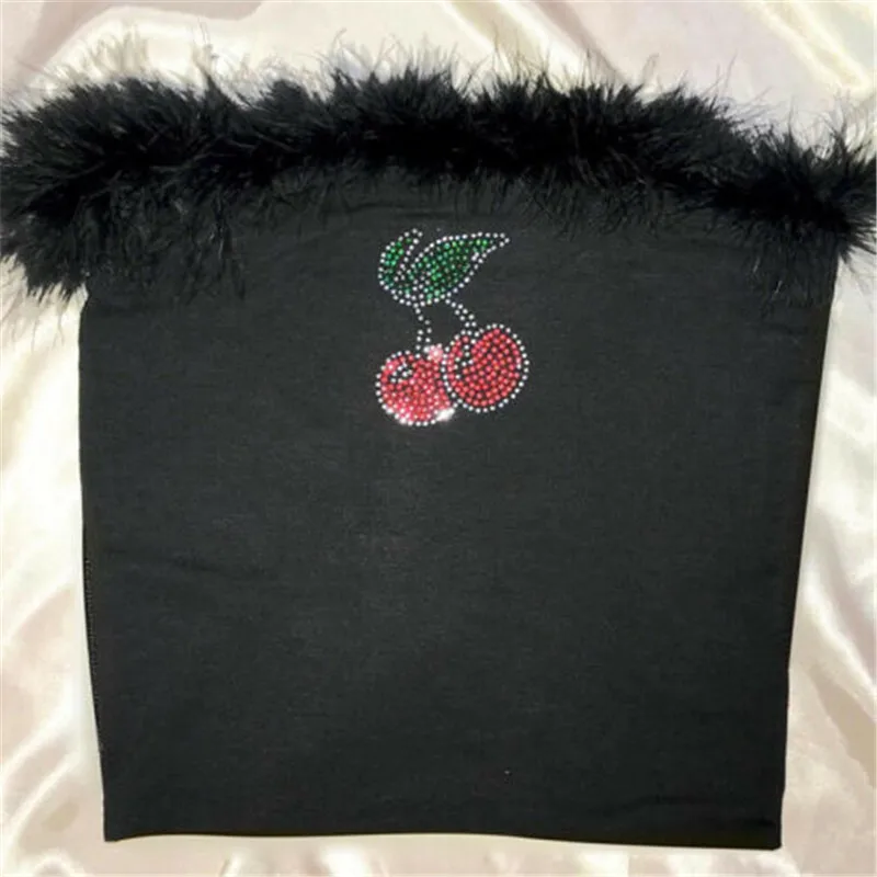 Women off shoulder Strapless Tube Tops slim feather Patchwork Crop Top Lady Black Cherry print Tube Top streetwear clubwear Tops Women off shoulder Strapless Tube Tops slim feather Patchwork Crop Top Lady Black Cherry print Tube Top streetwear clubwear Tops