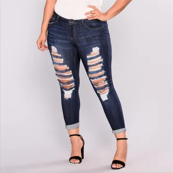 

New For Women Dark Blue Medium Waist Loose Dedicated Fat MM Pencil Cotton Jeans Europe Casual Fashion Plus Size L-5XL NC-29
