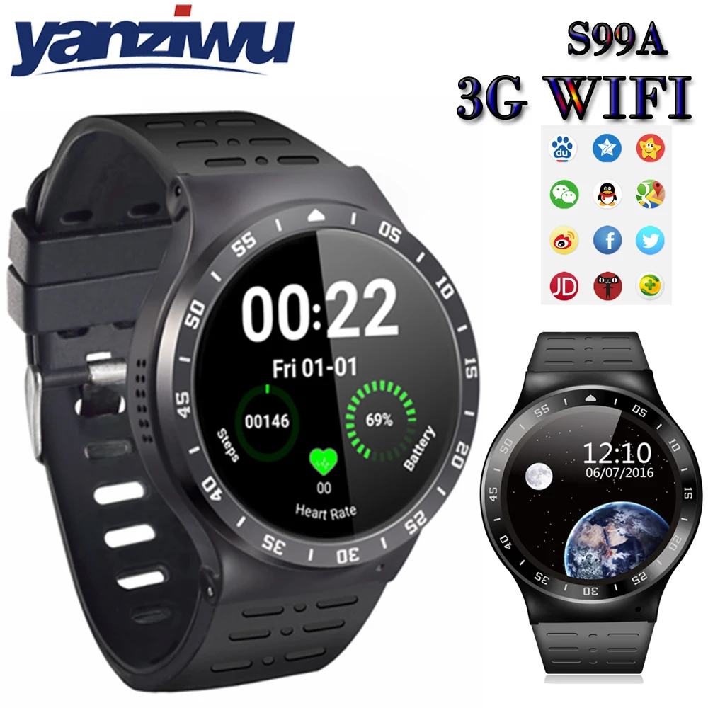 Yanziwu s99a Смарт часы mtk6580android 5.1 8grom Bluetooth4.0 GPS WI FI Google App шагомер сердечного ритма 2.0mp HD