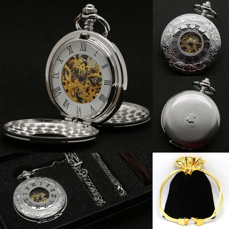 

Luxury Pocket Watch Set Roman Numbers Silver Mechanical Hand Fob Watches Clock With Box Bag Gift For Men Women