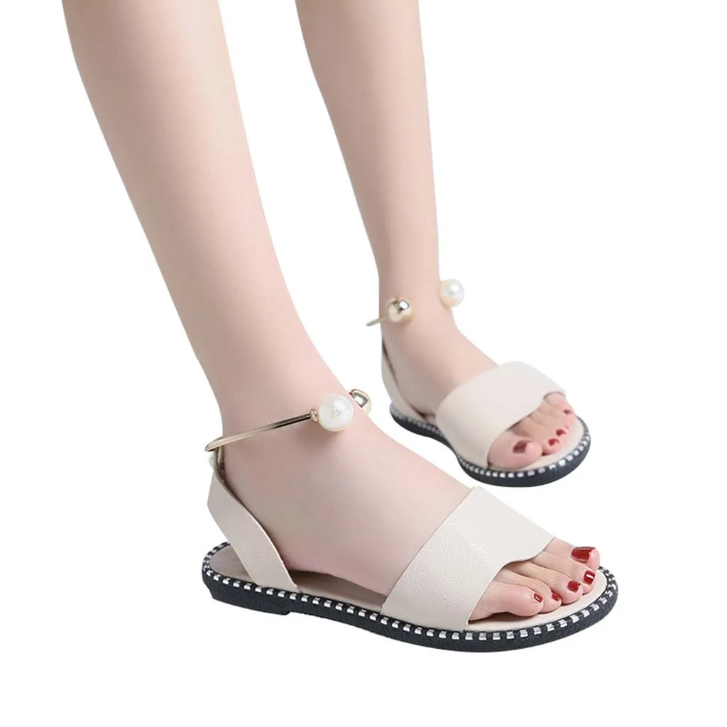 

YOUYEDIAN flat heel womens Ladies Fashion Solid Round Toe Pearl Buckle Causal Sandals Shoes sandalias plataforma mujer 2019 #G30