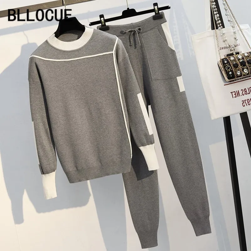 

BLLOCUE Women Knitted Sweaters Pants Set 2 Piece Set Woman Casual Long Sleeve Pullover Tops and Pant Set Autumn 2Pcs Clothes Tr