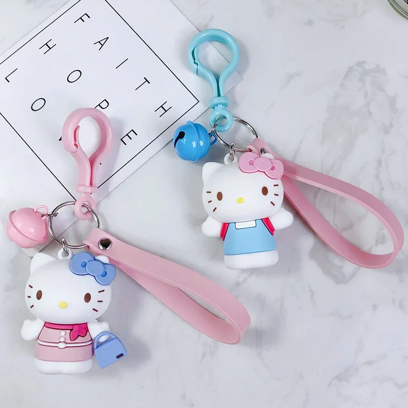 

2019 Hot Cute Pvc Cat Hello Kitty Doll Keychain Leather Rope Key Holder Metal Bell Key Chain Keyring Charm Bag Auto Pendant Gift