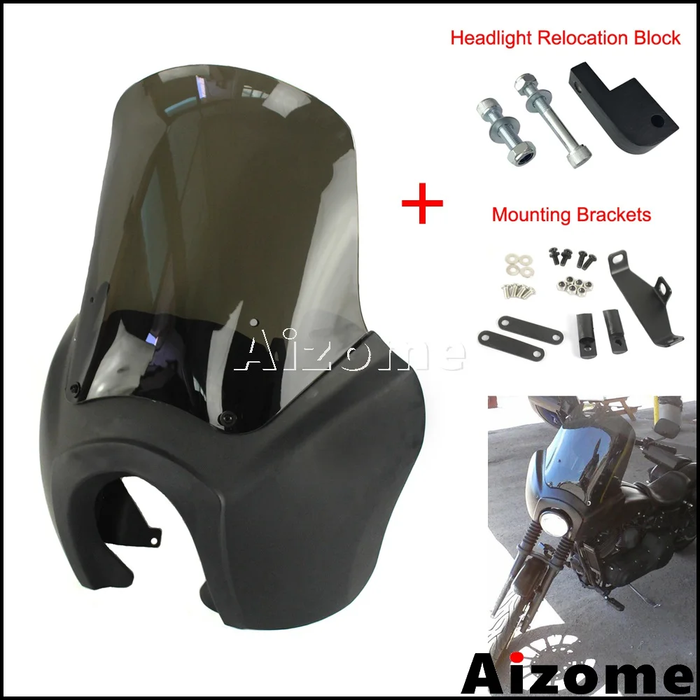 

W/ Headlight Relocation Block Headlight Fairing 15'' Windshield Cover Kit For Harley Dyna FXR FXDL FXDF FXDB FXDWG 2006-2017