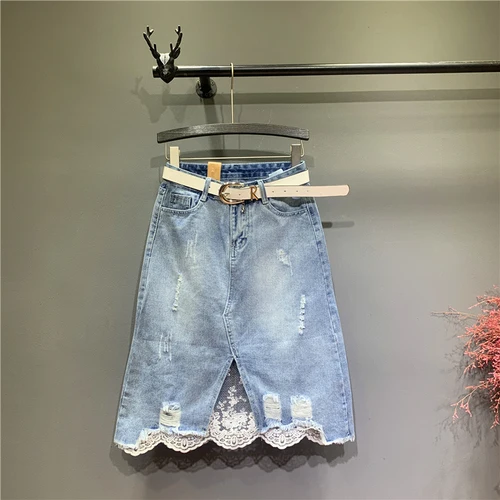 blue Женская джинсовая юбка в стиле пэчворк, кружевная хлопковая юбка длиной до колена, милая летняя юбка с завышенной талией - Цвет: blue