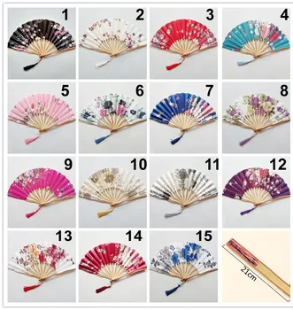 

50pcs/lot assorted colors & flower design dragon shape bamboo frame Japanese satin silk fabric hand fan