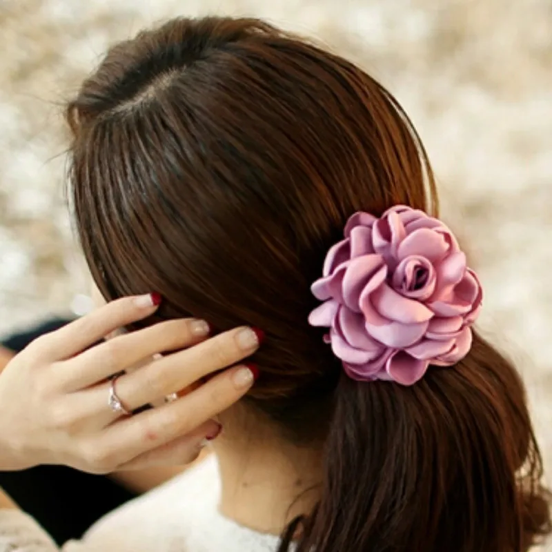 Big Flower Cloth Hair Bands for Women Girls Satin Rose Three Pearls Decor Elastic Hairbands Ponytail Headband |