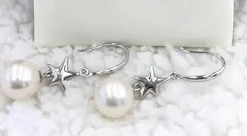 

free shipping charming 9-10mm Freshwater dangle gold pearl earring long chain 925 silver