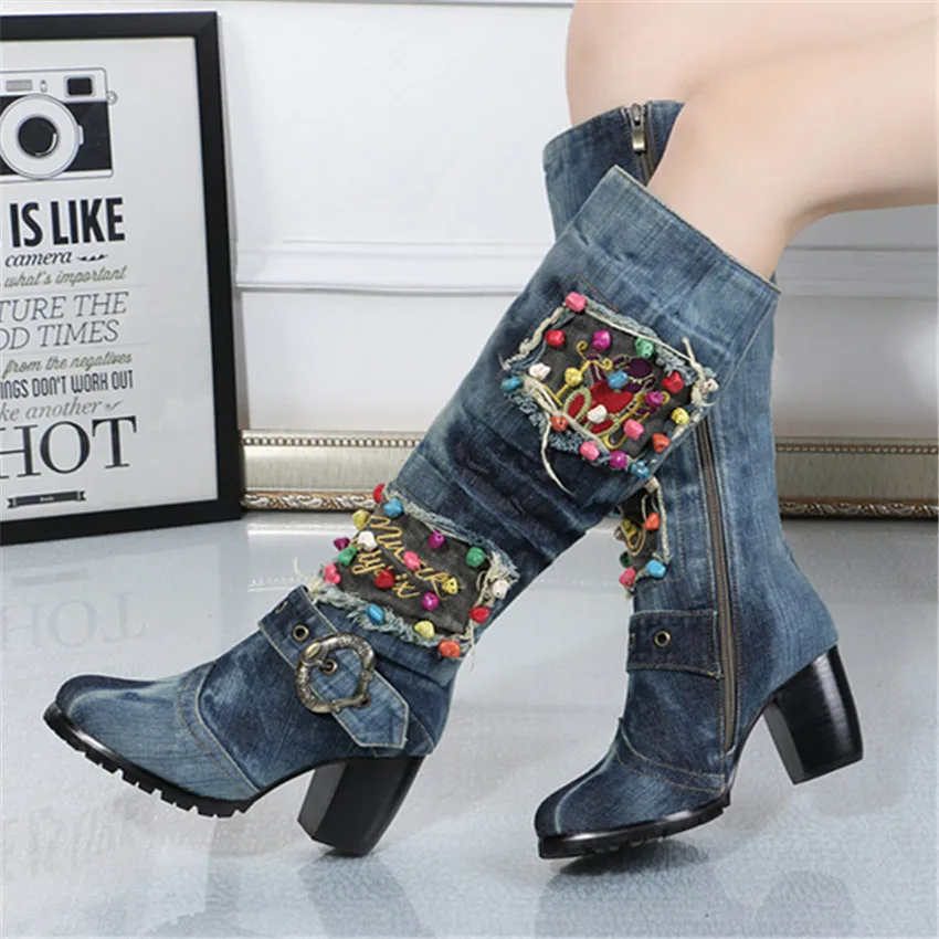 Hot Sale Side Zipper High Heel Winter Boots Washed Denim Martin Boots Non-Slip Cool Knee High Boots Casual Shoes Botines Mujer