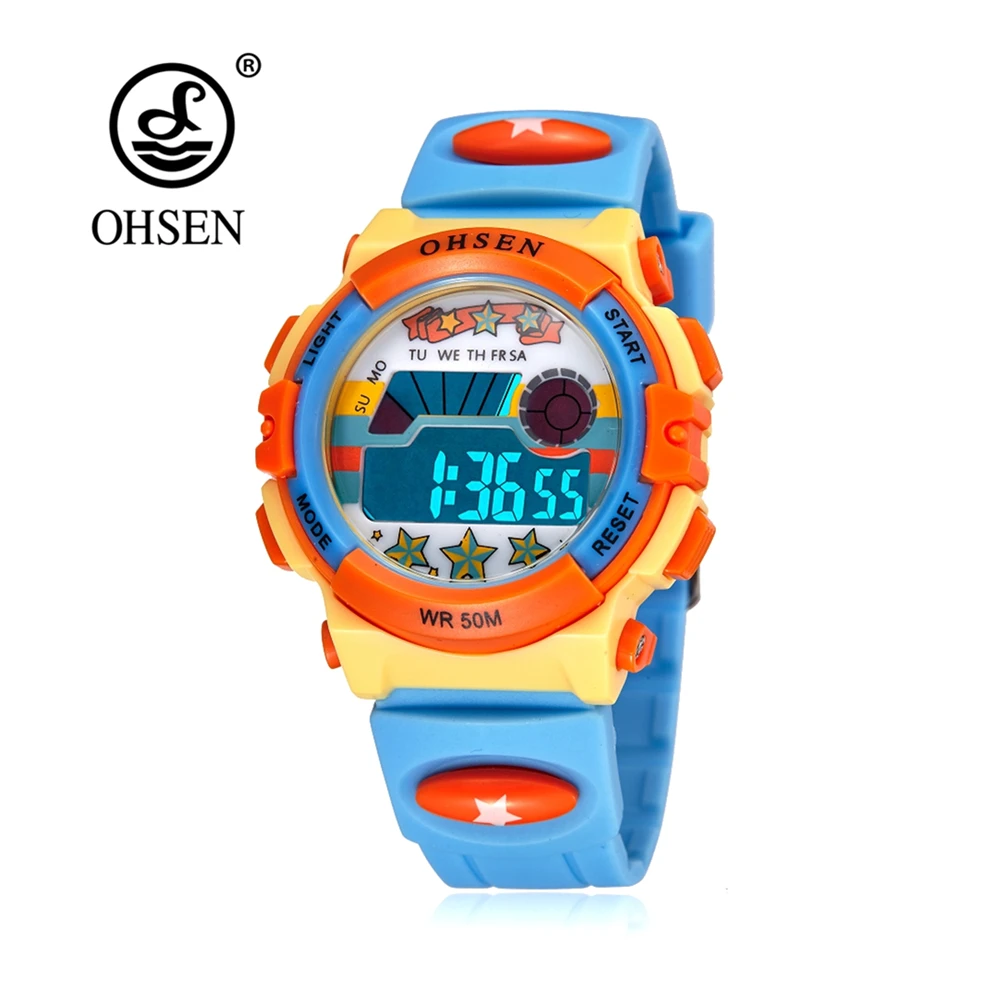 Топ продаж OHSEN Kids lcd Цифровые детские спортивные часы для мальчиков, наручные часы, модные детские часы 50 м, будильник для плавания, студенческие синие детские часы, подарок