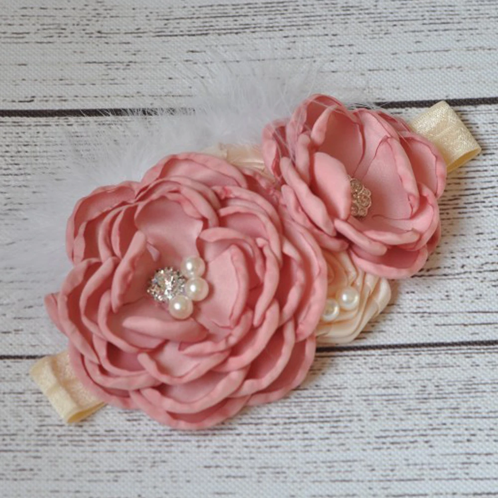 

Vintage Flower Elastic Baby Headbands Handmade Rhinestone Feather Flower Headband for Girls Hair Accessory Kidocheese